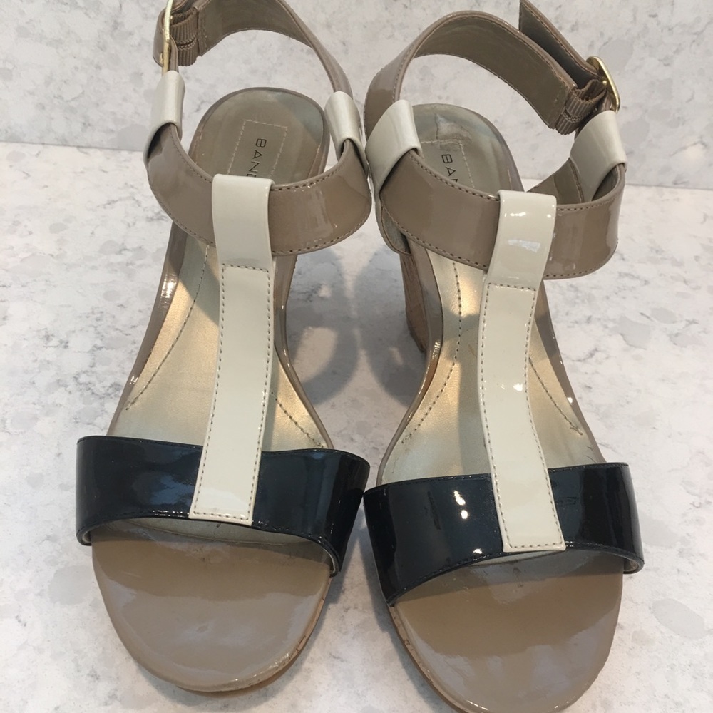 Black nude and cream patent leather wedges